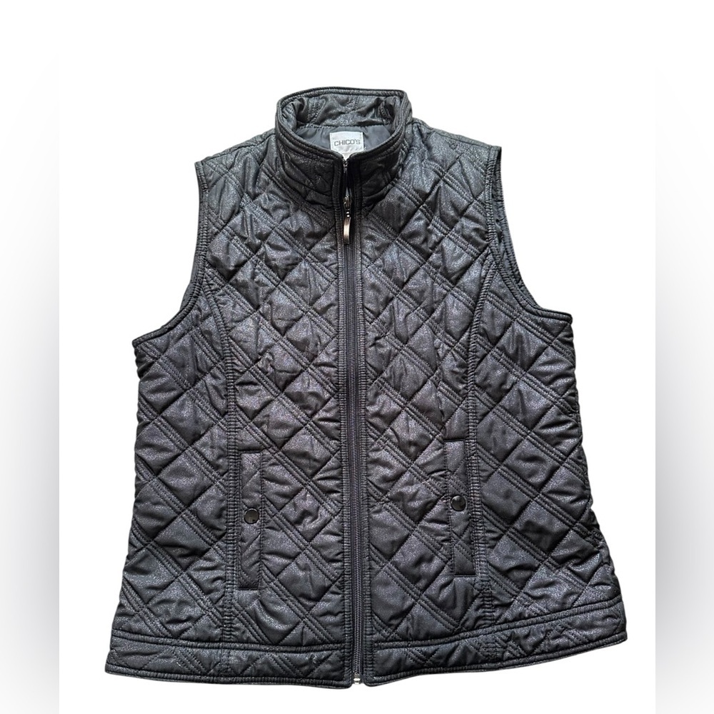 Chico’s Black Shimmer Quilted Zip Front Vest Size 1